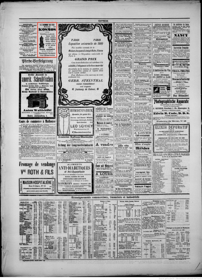 Journal L'Express de Mulhouse du 21 septembre 1900 (p.4) : calorifères à pétrole Kosmos.